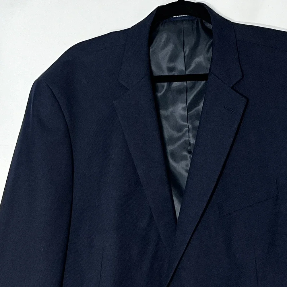 Stafford Essentials Men Navy Blue Wool Blend Two Button Blazer Jacket 50 Regular